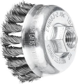 a close up of a wire brush with a nut on it